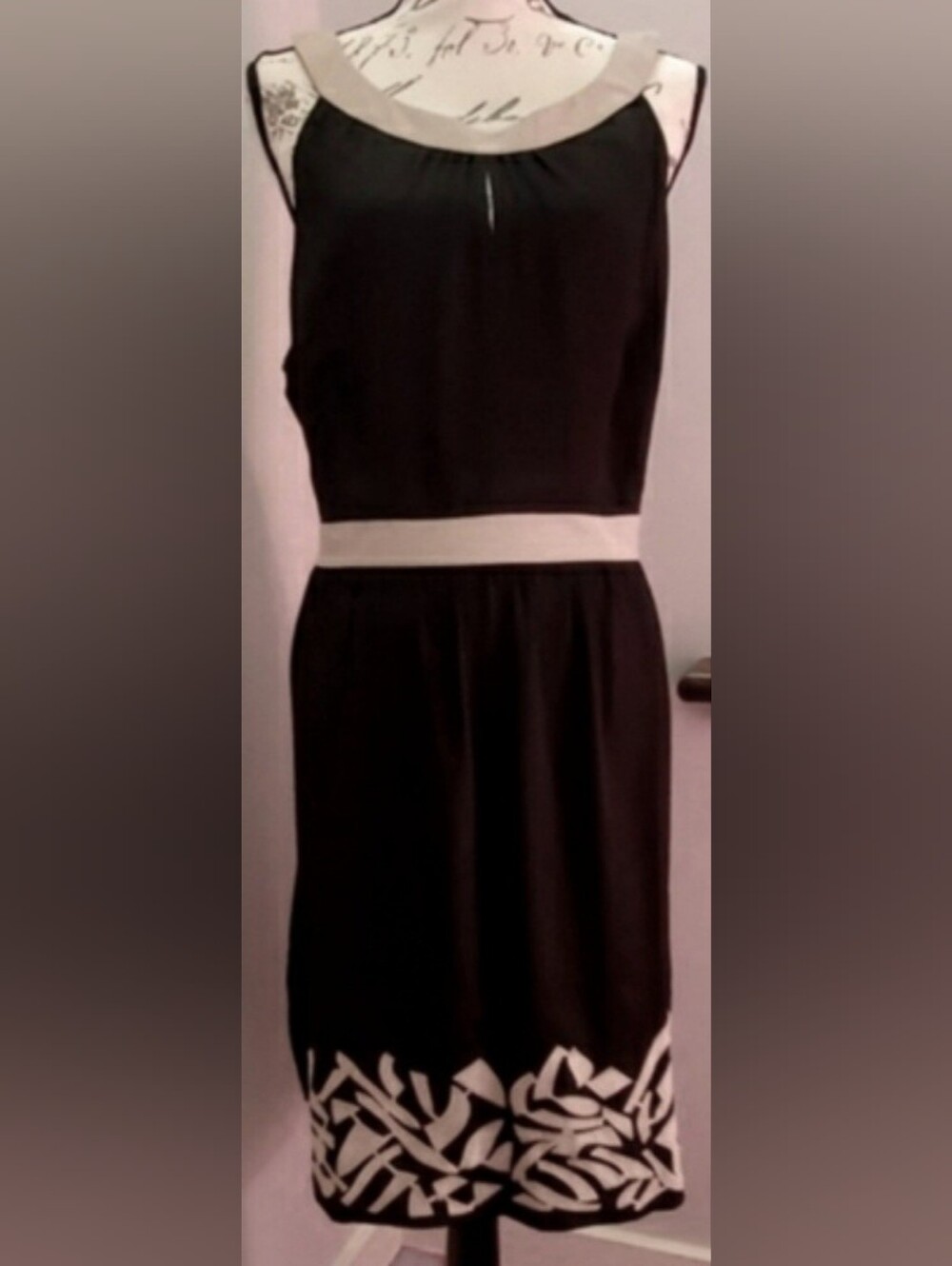 LOFT Black Midi Dress with Cream Accents and Hem Pattern